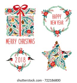 Cute vintage hand drawn rustic floral Christmas symbols