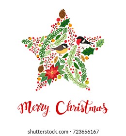 Cute vintage hand drawn rustic floral Christmas card