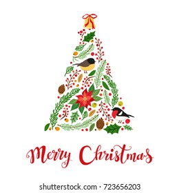 Cute vintage hand drawn rustic floral Christmas card