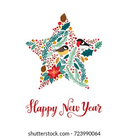 Cute vintage hand drawn rustic floral New Year card