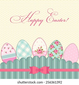Cute vintage Happy Easter greeting card with patch fabric applique of eggs in shabby chic style
