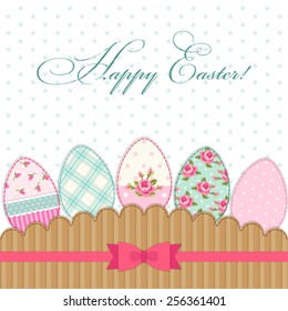 Cute vintage Happy Easter greeting card with patch fabric applique of eggs in shabby chic style