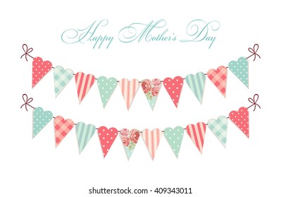 Cute vintage Happy Mother's Day card as heart shaped shabby chic textile bunting flags