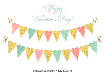Cute vintage heart shaped glitter and shabby chic style bunting flags ideal for Valentines Day, wedding, birthday, bridal shower, baby shower, retro party decoration etc