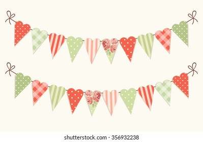 Cute vintage heart shaped shabby chic textile bunting flags ideal for Valentines Day, wedding, birthday, bridal shower, baby shower, retro party decoration etc