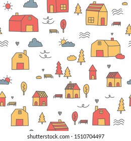 Cute vintage house neigborhood town cartoon doodle seamless pattern background wallpaper vector eps10, can use for print on product or wrapping paper, hand drawing style