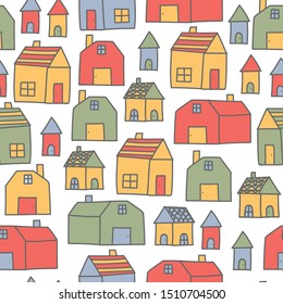 Cute vintage house neigborhood town cartoon doodle seamless pattern background wallpaper vector eps10, can use for print on product or wrapping paper, hand drawing style