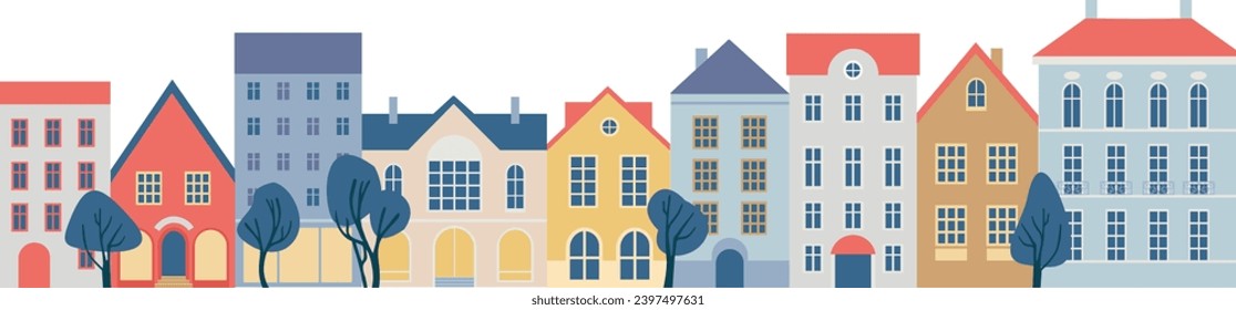 Cute vintage houses, city buildings. Cozy town panorama with home exteriors. Old town street in little European village. Isolated illustration