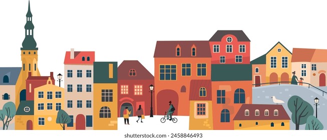 Cute vintage houses, city buildings. Medieval town panorama. Old street in cozy European city. Flat vector illustration