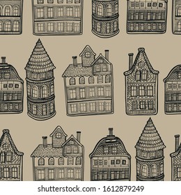 cute vintage houses seamless pattern on a transparent background