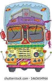 A cute vintage indian brightly decorated truck. Cartoon. Caricature.