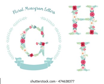 Cute vintage laurel wreath with monogram letters decorated with hand drawn rustic flowers 