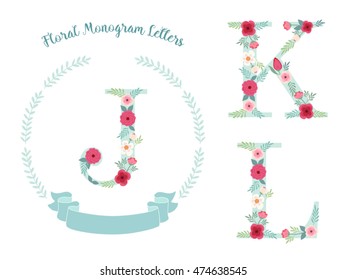 Cute vintage laurel wreath with monogram letters decorated with hand drawn rustic flowers 