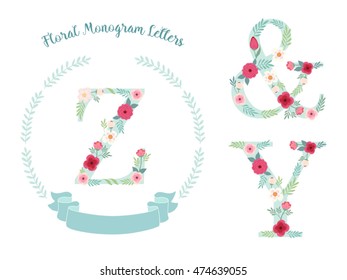Cute vintage laurel wreath with monogram letters decorated with hand drawn rustic flowers 