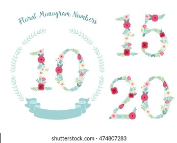 Cute vintage laurel wreath with numbers decorated with hand drawn rustic flowers, can be used for anniversary, birthday etc