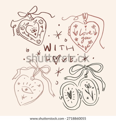 Cute vintage locket in heart shape set with coquette core bow vibe elements girly pastel color palette. Girlish tiny aesthetic whimsical sketch with sacred eye and flowers botanical details. Open and