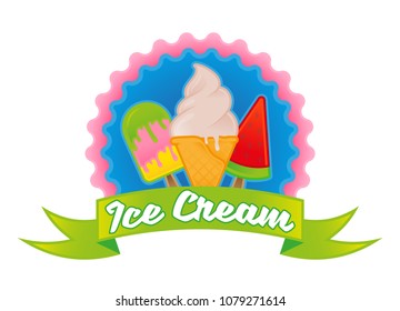Cute vintage logo with different kinds sweet ice cream with different shape color and taste for street food business or cafe bar sticker poster print patch Modern vector style illustration flat design