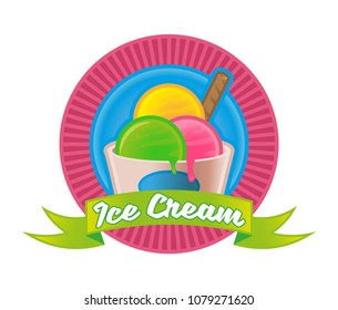 Cute vintage logo tasty sweet ice cream ball with different color in paper cup for street food business or cafe bar sticker poster print patch Modern vector style illustration flat design
