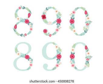 Cute vintage numbers with hand drawn rustic flowers isolated on white background