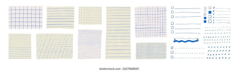 Cute vintage paper stickers for notes with hand drawn grids, lines and dots. Digital bullet journal templates. To do list, memo pages, blank template for hand drawn notes. Doodle paper empty sheets.