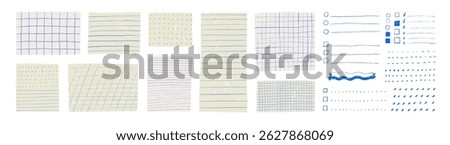 Cute vintage paper stickers for notes with hand drawn grids, lines and dots. Digital bullet journal templates. To do list, memo pages, blank template for hand drawn notes. Doodle paper empty sheets.