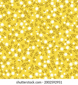 cute vintage pattern abstract. yellow background. small white flowers. mustard leaves. vector texture. trend print for textiles and wallpaper.