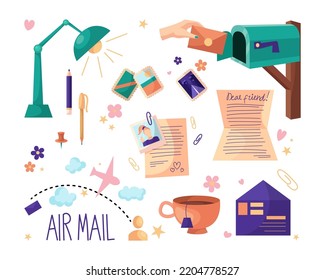 Cute vintage pen friend elements vector illustrations set. Cartoon drawings of letters with stamps, photo of girl on paper, tea, stars, flowers. Communication, love, correspondence, air mail concept