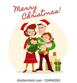 Cute Vintage Portrait Of Family Celebrating Christmas Together. Design Template With Merry Christmas Text. Vector Illustration