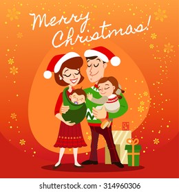 Cute Vintage Portrait Of Family Celebrating Christmas Together. Design Template With Merry Christmas Text. Vector Illustration