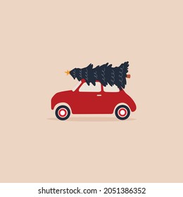 Cute vintage red car on top of Christmas tree driving on isolated beige background. Vector illustration cartoon flat style.