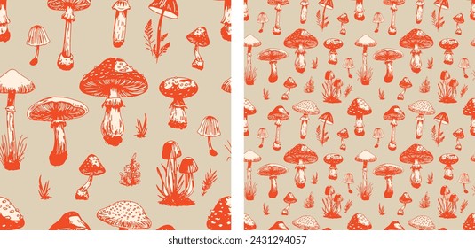 Cute Vintage Red Mushrooms Woodlands Fungi Hand-Drawn Vector Illustration Seamless Pattern