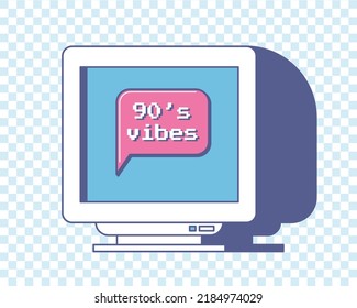 Monitor de computadora retro de época con una burbuja de voz en la pantalla. Palabras - vibraciones de los 90. Estética nostálgica de una computadora antigua. Ilustración vectorial en un fondo azul a cuadros