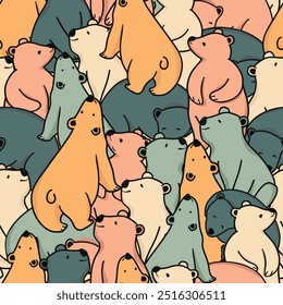 Cute vintage retro teddy bear family cartoon seamless pattern