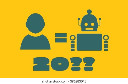Cute vintage robot and human. Robotics industry relative image. Singularity problem metaphor