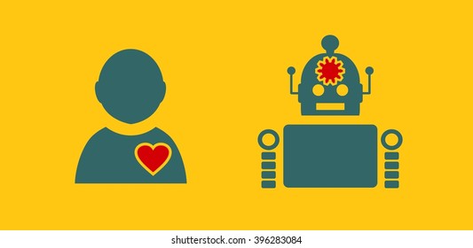 Cute vintage robot and human. Robotics industry relative image. 