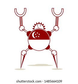 Cute vintage robot. Robotics industry relative image. Cartoon person. Flag of Singapore