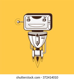 Cute vintage robot in sepia color on yellow background. Vector robot mascot. Adorable robot with funny antenna. Consultant robot wearing a tie.