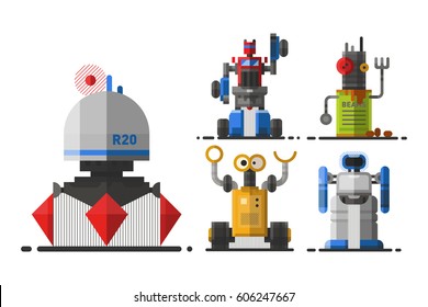 Cute vintage robot technology machine future science toy and cyborg futuristic design robotic element icon character vector illustration.