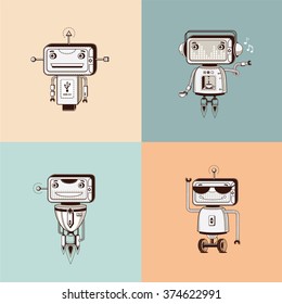 Cute vintage robots in sepia color. Vector robot mascots. Adorable robots funny antennae & wheels. Coffee machine robot, musical robot, consultant robot, robot in sunglasses robot in headphones.