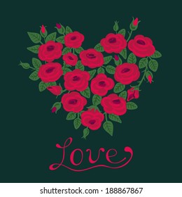 Cute vintage roses arranged in a heart shape. Symbol of love. Vector illustration.