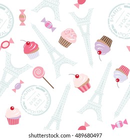 Cute vintage seamless pattern background with Eiffel tower and cupcakes isolated on white. For notebook cover, wrapping or scrapbook paper.