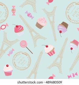 Cute vintage seamless pattern background with Eiffel tower and cupcakes. For notebook cover, wrapping or scrapbook paper.