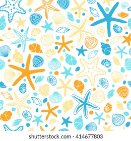 Cute vintage seamless pattern with hand drawn shells and starfishes for your decoration