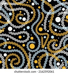 Cute vintage seamless pattern. Orange, blue, gray circles of different sizes and twisted ornate chains are randomly located on a black background. Vector.