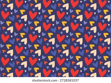 Cute vintage seamless pattern. Party print with colorful hearts on purple background. Printable wrapping paper decor for design for celebrating Valentine's Day. Making party paper, decoration, greetings, packaging. Love, infantile, passion.