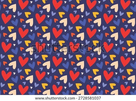 Cute vintage seamless pattern. Party print with colorful hearts on purple background. Printable wrapping paper decor for design for celebrating Valentine's Day. Making party paper, decoration, greetings, packaging. Love, infantile, passion.