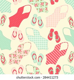 Cute vintage seamless pattern with swimsuits and flip-flops in shabby chic style