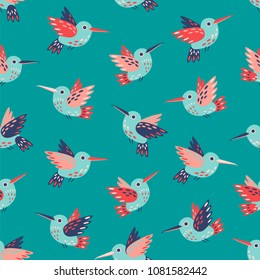 Cute vintage seamless vector pattern in teal, coral red, navy blue and pink. Flying birds, hummingbirds, colibri. Beautiful retro pattern. Ideal for textile, stationery, home decoration.