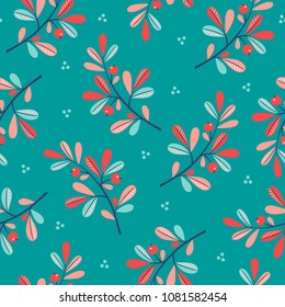 Cute vintage seamless vector pattern in teal, coral red, shades of blue and pink. Leaves, berries, dots, branches and bouquets. Beautiful retro pattern. Ideal for textile, stationery, home decoration.