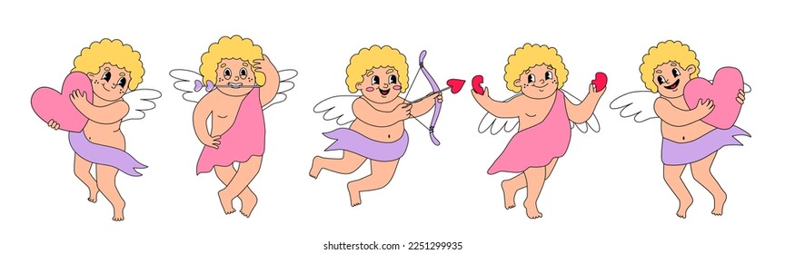 Cute vintage set of cupids. Vector illustration about valentine's day, love. Little groovy angel has wings, bow, arrow and aim.